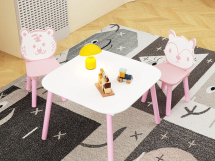 Table And Chair Set, 3 Piece Wooden Toddler Desk With Animal Backrest - Pink / White