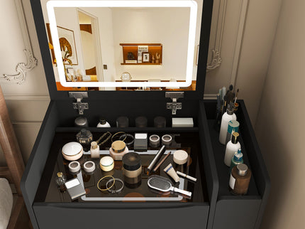 Flip Mirror Vanity Desk With Adjustable LED Lights & Stool For Bedroom