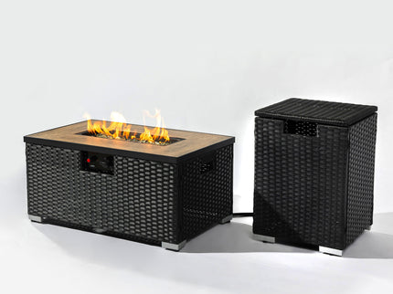 32" Propane Gas Fire Pit Table With Propane Tank Cover, 50000 Btu Rectangular Steel Fire Pit With Beautiful Wicker Base