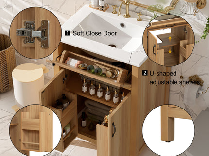 Bathroom Vanity With Flip Drawer, 2 Soft Close Doors, Adjustable Shelf And Ceramic Sink