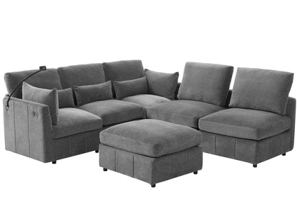 Modern Modular U-Shaped Sofa Bed With Movable Ottoman, USB Ports, Phone Holder