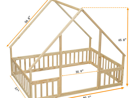 Wood House-Shaped Floor Bed With Fence, Guardrails