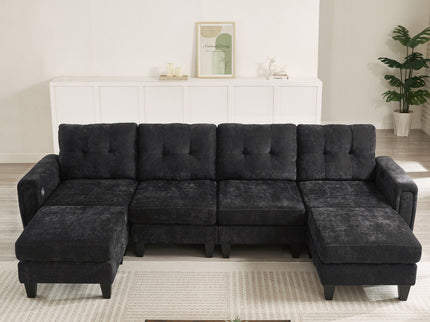 Modular Sectional Sofa With Movable Ottomans, USB Ports & Side Tables