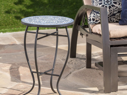 Outdoor Round Side Table With Mosaic Style Top And Curved Iron Legs