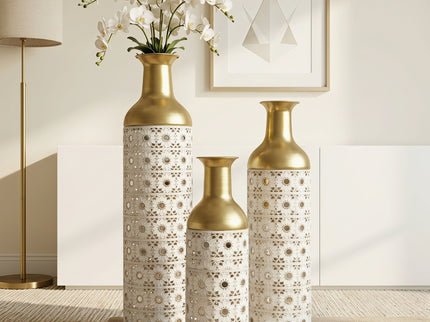 Handcrafted Cutout Hollow Tall Standing Floor Vase, Home Decor (Set of 3) - White / Gold