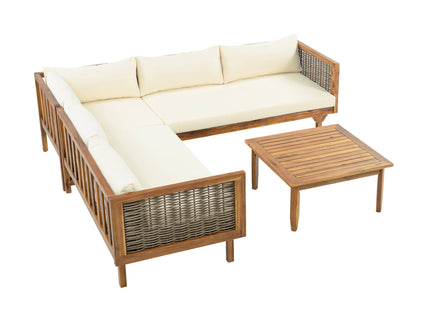 Premium Outdoor Sofa Set With Waterproof Cushions Sectional Seating Group With Acacia Wood And Wicker - Brown Mix / Beige