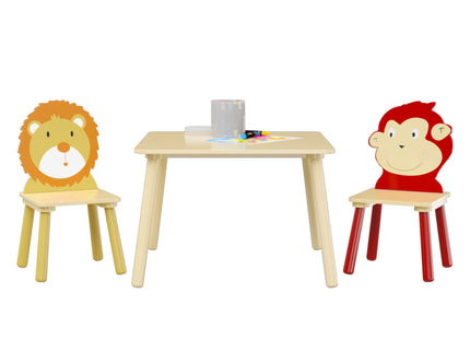 Kids Table And 2 Chairs Set, 3 Pieces Toddler Table And Chair Set, Wooden Activity Play Table Set (Lion&Monkey) - Natural