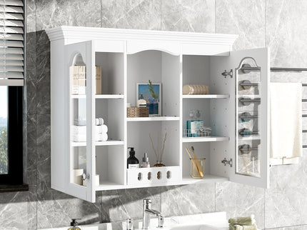 Wall-Mounted Medicine Cabinet With 2 Glass Doors, Adjustable Shelves - White