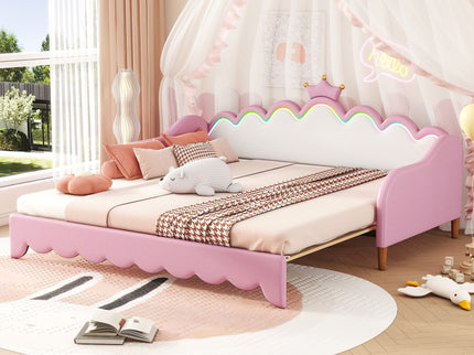 Extending Daybed With LED Lights, Modern Upholstered Princess Daybed With Crown Headboard