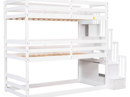 Twin Size Triple Bunk Bed With Storage Staircase, Separate Design - White