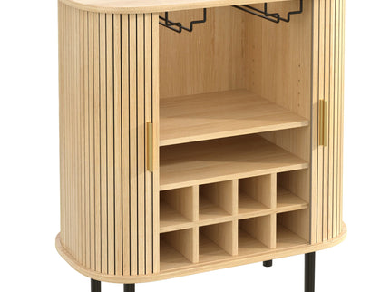 Fluted Wine Bar Cabinet With 8 Grid Wine Rack, 5 Level Adjustable Shelves, 2 Glass Holders