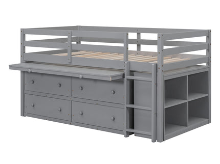 Loft Bed With Retractable Writing Desk And 4 Drawers, With Lateral Portable Desk And Shelves