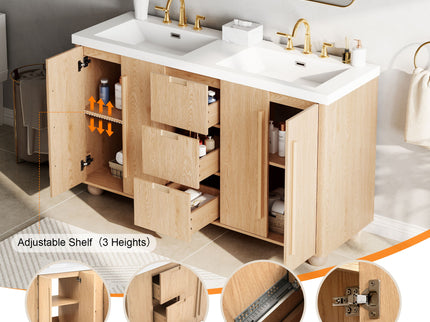 Double Sink Bathroom Vanity With Sinks, Soft Close Doors & 3 Drawers - Wood