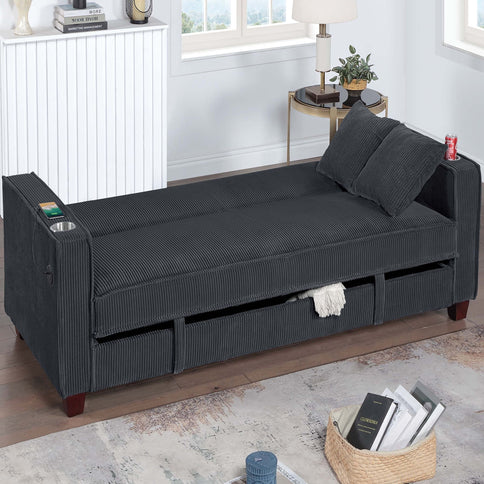 Modern Convertible Sofa With Hidden Storage USB Port, Cup Holder