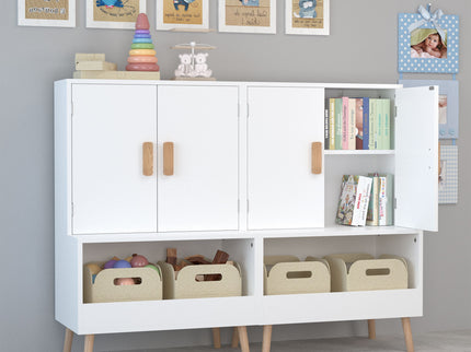 Toy Storage Cabinet With Doors And Open Shelf, Toddler Bookshelf For Playroom - White