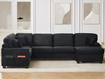 Upholstered U-Shaped Sectional Sofa With Movable Ottoman And Side Storage Pockets