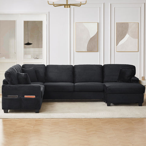 Upholstered U-Shaped Sectional Sofa With Movable Ottoman And Side Storage Pockets