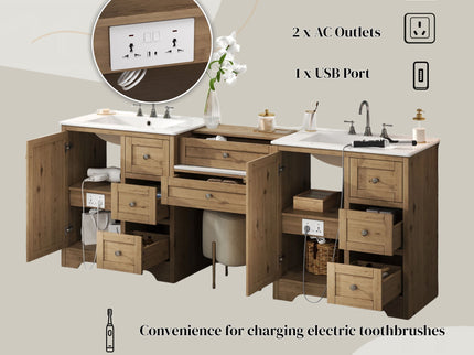 Double Sink Bathroom Vanity With Countertop, 2 Ceramic Sinks, 6 Drawers, Soft Close Design