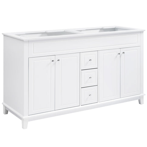 Bathroom Vanity Cabinet Only, 3 Drawers & 4 Doors & Double Layer Shelves - White