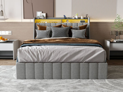 Queen Size Bed Frame With LED Lighting, Winged Headboard With Storage Drawers - Light Gray