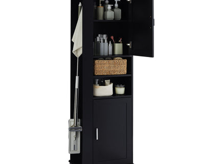 Tall Freestanding Bathroom Storage Cabinet With Adjustable Shelves And Side Hooks Board, Rectangle Design