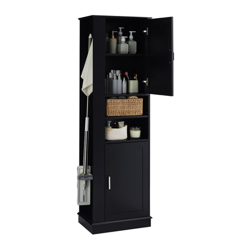 Tall Freestanding Bathroom Storage Cabinet With Adjustable Shelves And Side Hooks Board, Rectangle Design