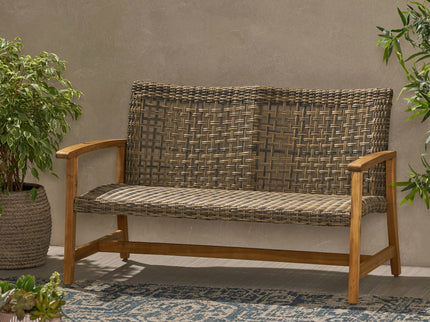 Outdoor Rattan Loveseat With Wooden Legs - Brown