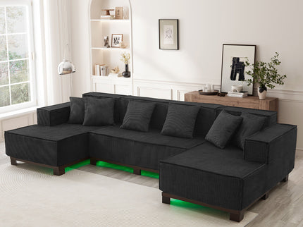 U-Shaped Sectional Sofa With RGB LED Light Strip And 6 Pillows