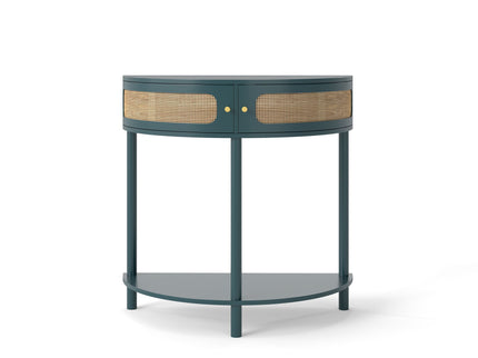 Boho Rattan Semi Circle End Table With Sliding Rattan Door, Storage And Bottom Shelf