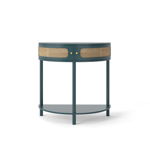 Boho Rattan Semi Circle End Table With Sliding Rattan Door, Storage And Bottom Shelf