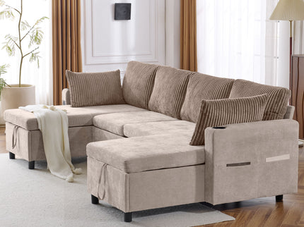 Sectional Sofa Bed With Pull Out Sleeper, USB Ports, Cup Holders