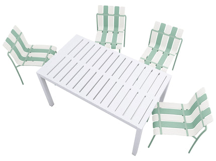 4 Piece Set Of Striped Color Blocking Single Chairs With Long Table - Cream White / Haze Green / White