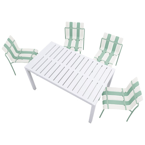 4 Piece Set Of Striped Color Blocking Single Chairs With Long Table - Cream White / Haze Green / White