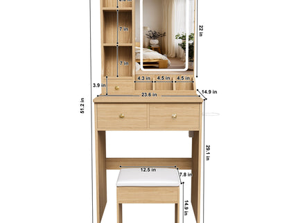 Small Vanity Desk With 3 LED Lighting Modes, 3 Drawers, Hair Dryer Holder, Power Socket, And Dressing Chair - Natural Walnut