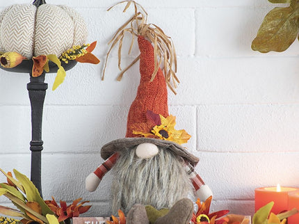 Sitting Gnome With Maple Leaf On Hat, For Holiday Harvest Festival Fall Festival & Thanksgiving Table Decorations (Set of 2) - Orange Multi