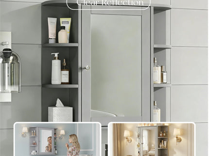 Bathroom Wall Storage Cabinet With Mirror And Adjustable Shelf, 6 Open Shelves