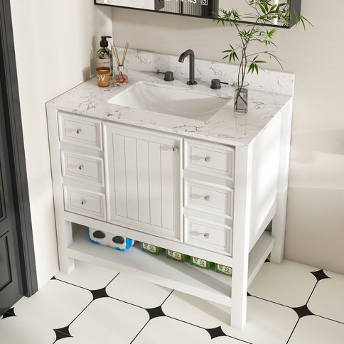 37" Bathroom Vanity With Artificial Marble Carrara Top, Multi Functional Cabinet With Doors And Drawer - White