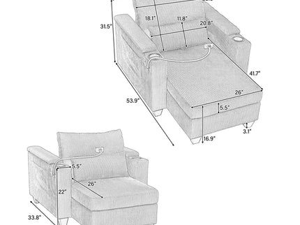 Convertible Chaise Lounge Sofa Chair With USB Ports, Cup Holders, Phone Holder And Storage