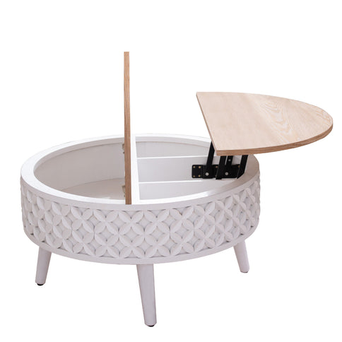 Round Coffee Table With Storage - White / Light Oak