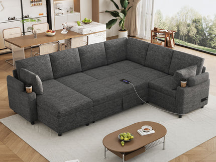 U-Shaped Sectional Sleeper Sofa With Ample Storage Space, 2 Cup Holders And Charging Ports For Living Room
