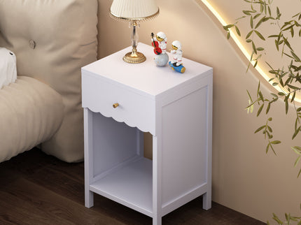 Nightstand With Drawer And Open Shelf, Scalloped Edge Bedside Table