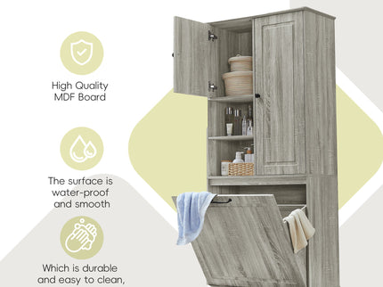 Modern Tall Storage Cabinet With Adjustable Shelves, Flip-Out Basket & Enclosed Doors