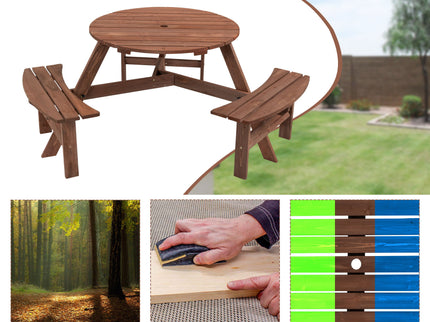 6 Person Circular Outdoor Wooden Picnic Table For Patio, Backyard, Garden, Diy With 3 Built-In Benches, 1720Lb Capacity