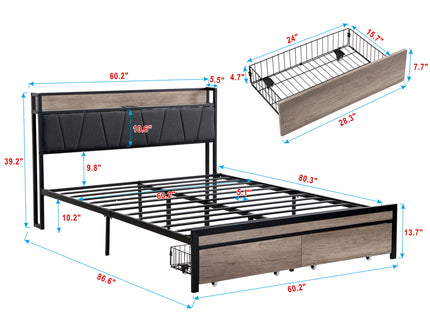 Modern Bed Frame With LED Lights, Upholstered Headboard, USB Charging