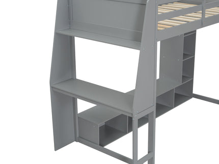 Gaming Loft Bed With Desk, Multi Storage Shelves, LED Lighting, And Hanging Clothes Rack