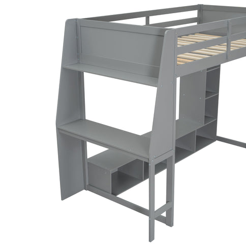 Gaming Loft Bed With Desk, Multi Storage Shelves, LED Lighting, And Hanging Clothes Rack
