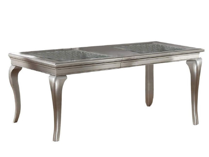 Rectangle Dining Table With Glass Top And 6 Tufted Back Chairs - Gray / Silver