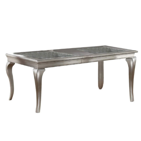 Rectangle Dining Table With Glass Top And 6 Tufted Back Chairs - Gray / Silver