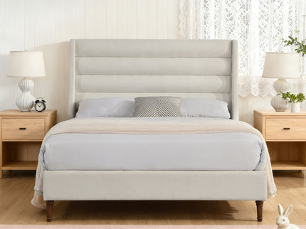 Modern Upholstered Platform Bed With Wave Shaped Headboard