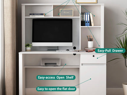 Computer Desk With Hutch & Bookshelf, Wood Executive Desk Teens Student Desk Writing Laptop Home Office Desk With Drawers, 3 Ac Outlets And 2 USB Charging Ports, Study Laptop Table For Home - White
